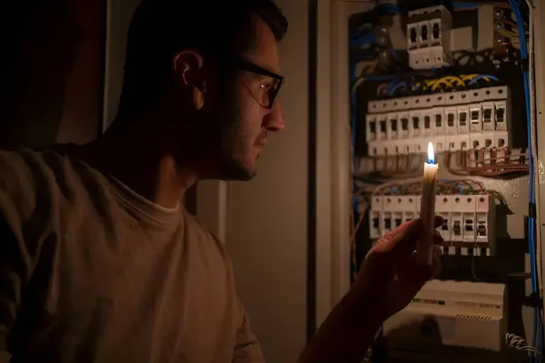 A person holding a candle examines an electrical panel, highlighting the need for professional electrical services.