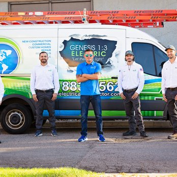 Five Genesis Electric team members standing in front of a company van in Vallejo, showcasing their professional service.