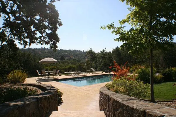 A beautifully landscaped outdoor area featuring a swimming pool, surrounded by trees and stone walkways, designed by Gill Landscape Inc. in Sebastopol.