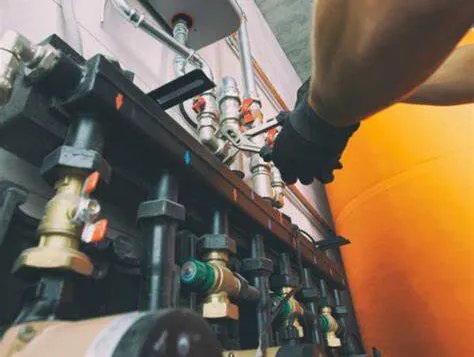 A plumber working on a series of pipes and valves, wearing gloves, at a plumbing system.