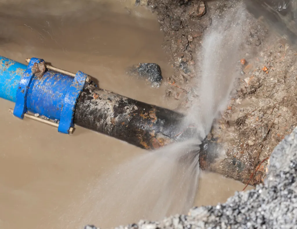 A burst pipe with water leaking, showcasing a mixture of blue and rusted metal amidst muddy surroundings, indicating a plumbing issue in San Jose.