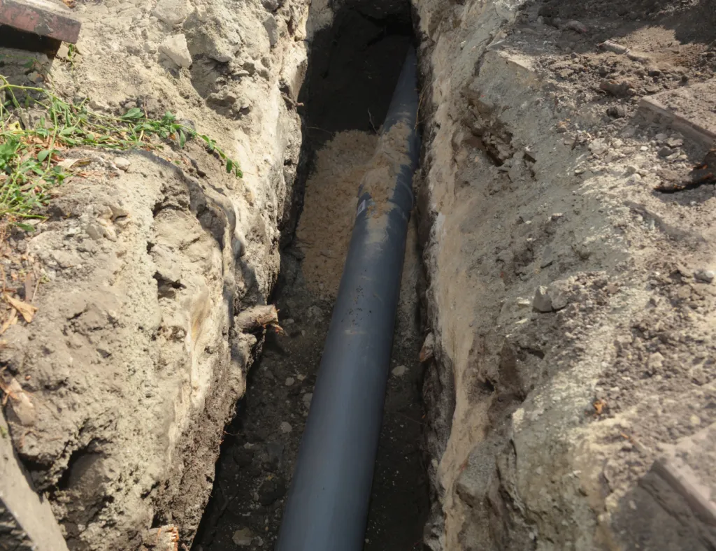"A trench containing a newly installed pipe by Gladiator Repipe, Inc. in San Jose, showcasing professional plumbing work."