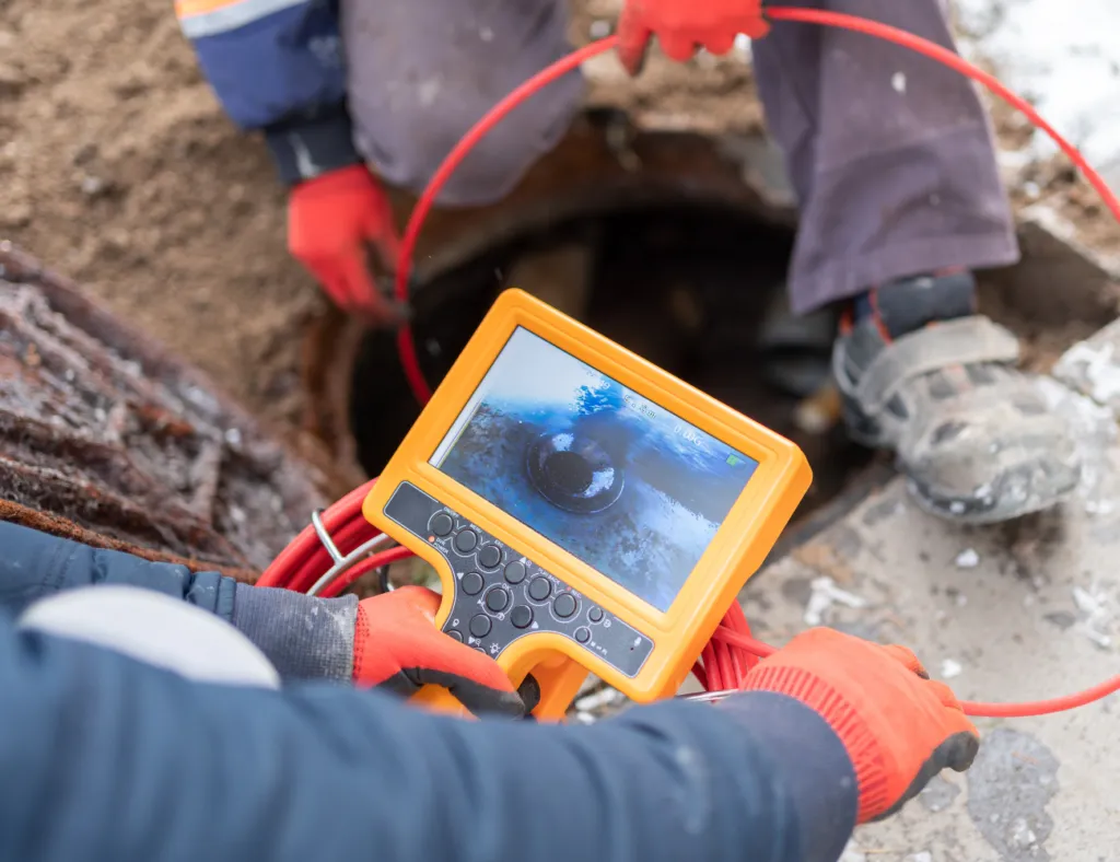 Technicians in gloves using a camera device to inspect pipes underground.
