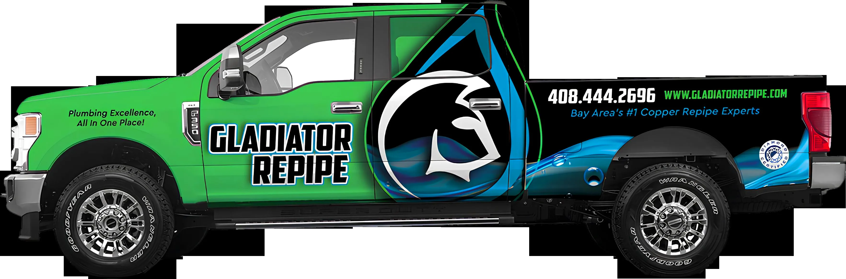"A truck with the logo and contact information for Gladiator Repipe, Inc., highlighting their expertise in copper repipe services in San Jose."