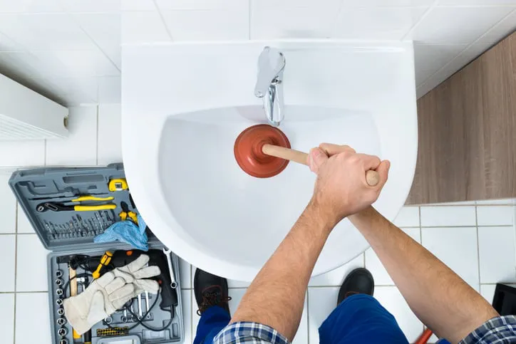 "A plumber unclogging a sink with a plunger, accompanied by a toolbox, representing Gogo Rooter's services in San Jose."