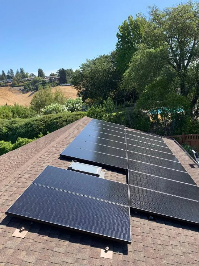 Solar panels installed on a residential roof surrounded by greenery and trees, representing Got Watts Electric, Solar & HVAC's commitment to sustainable energy solutions in Concord.