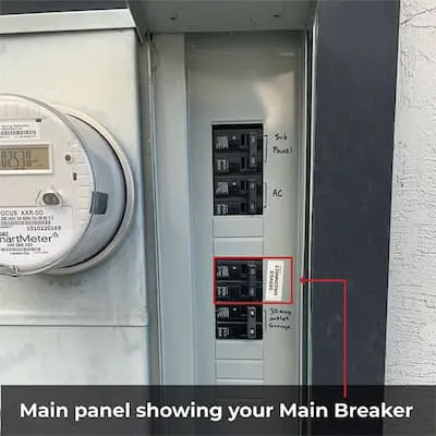 Image of a main electrical panel displaying various switches and a main breaker, with a focus on a labeled section.