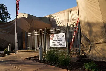 A building in San Jose covered with a tarp for termite control by Great Wall Termite Control, showcasing a fenced perimeter and company signage.