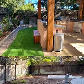 A side-by-side comparison showing a natural landscape transformation with an outdoor kitchen setup by Grimes Natural Landscape in Los Altos.