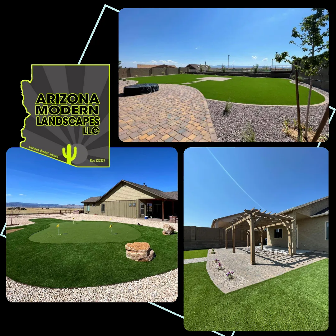 Three images showing landscaped yards with artificial grass, patios, and a pergola, featuring professional landscaping work by Grimes Natural Landscape in Los Altos.