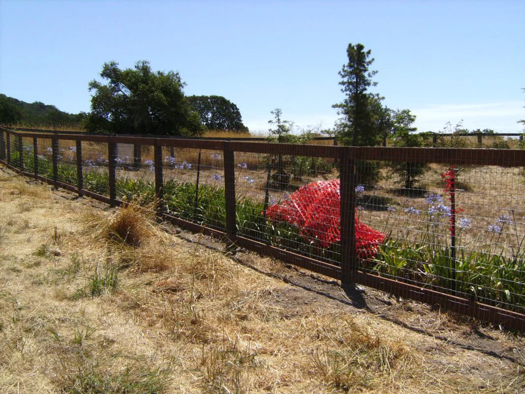A wooden and wire fence with red construction netting partially visible, enclosing a field with dry grass and scattered trees, installed by Guy's Fencing, Inc. in Windsor.