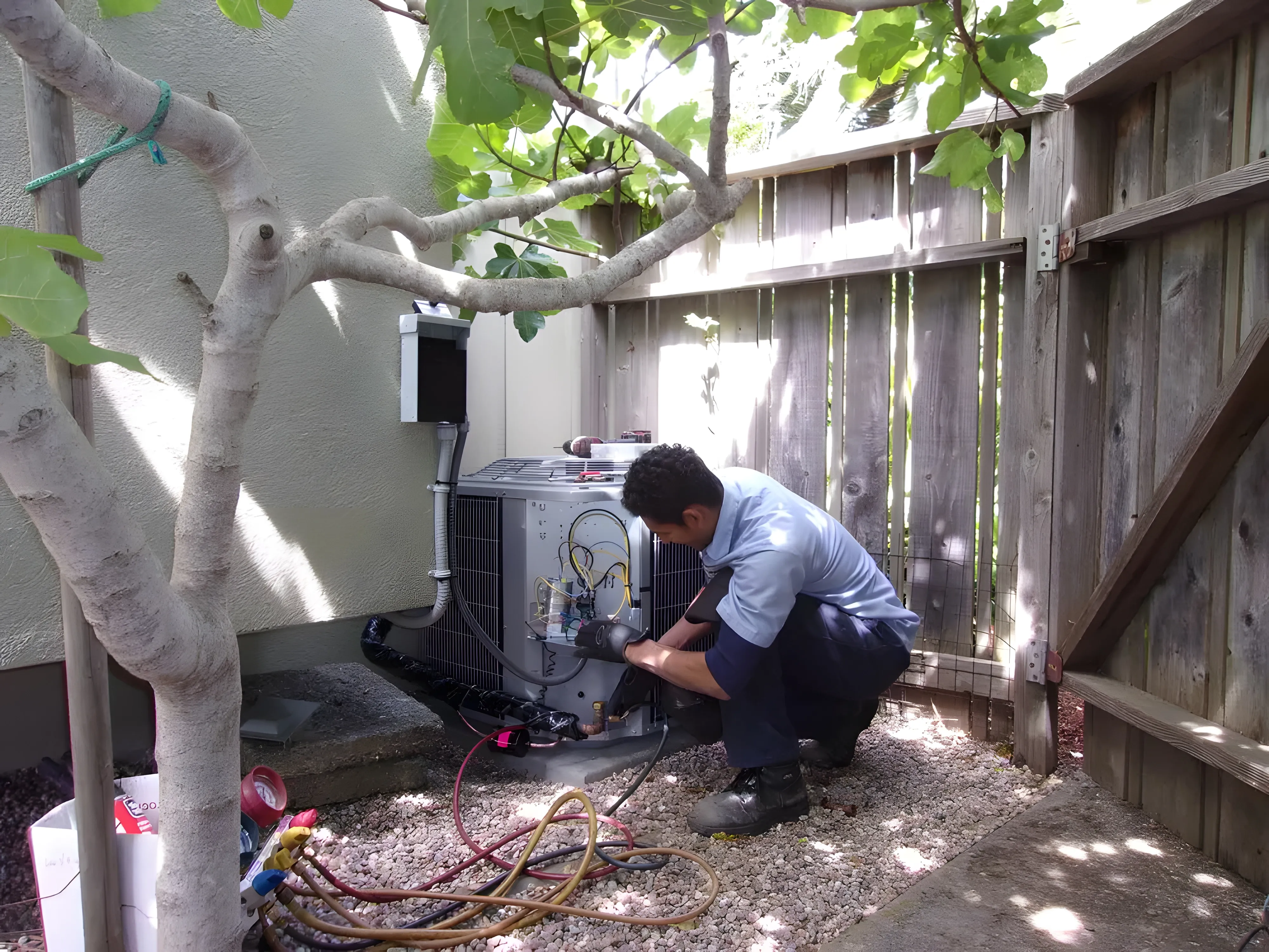 A technician from Hassler Heating & Air Conditioning, LLC is servicing an outdoor HVAC unit in a shaded backyard area in El Cerrito.