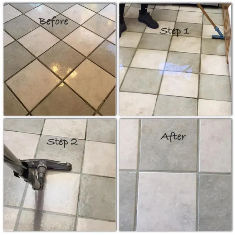 Four-panel image showing a tile floor cleaning process: the top left panel shows dirty tiles labeled "Before," the top right shows a broom at "Step 1," the bottom left shows a vacuum at "Step 2," and the bottom right shows clean tiles labeled "After."