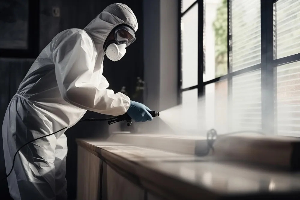 A technician in a protective suit sprays a surface inside a home, representing Hi Tech Termite Control of the Bay Area, Inc. in Hayward.