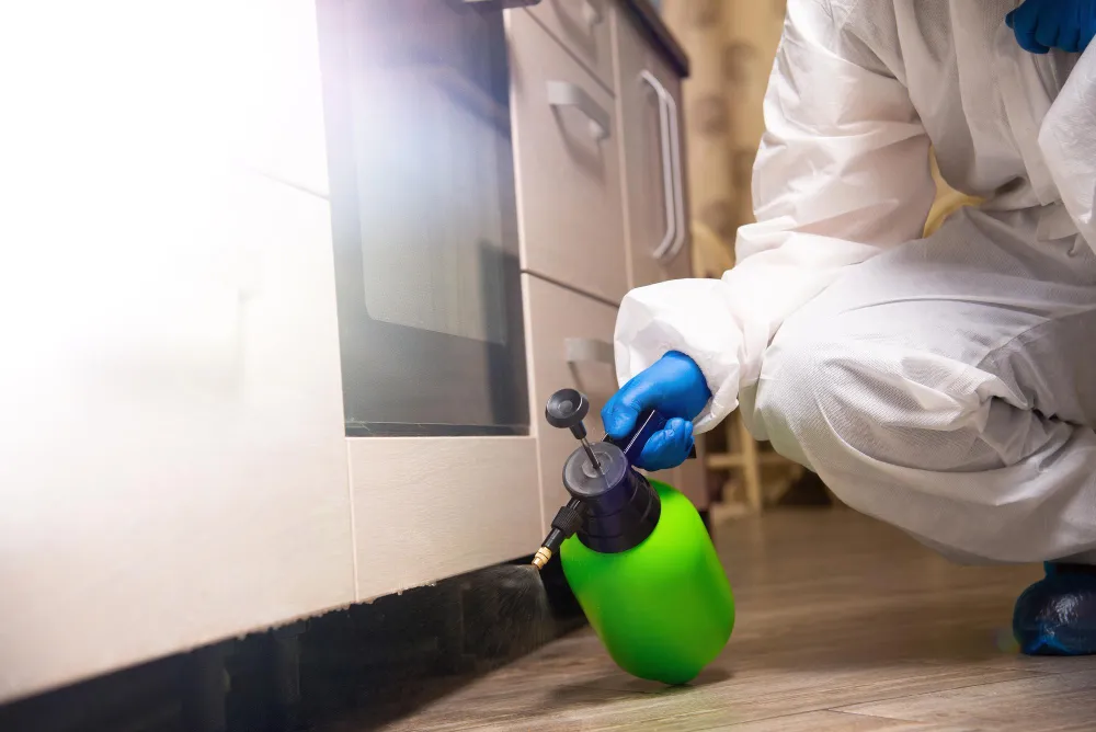 A professional in protective gear sprays a baseboard in a kitchen, illustrating termite control efforts by Hi Tech Termite Control of the Bay Area, Inc. in Hayward.