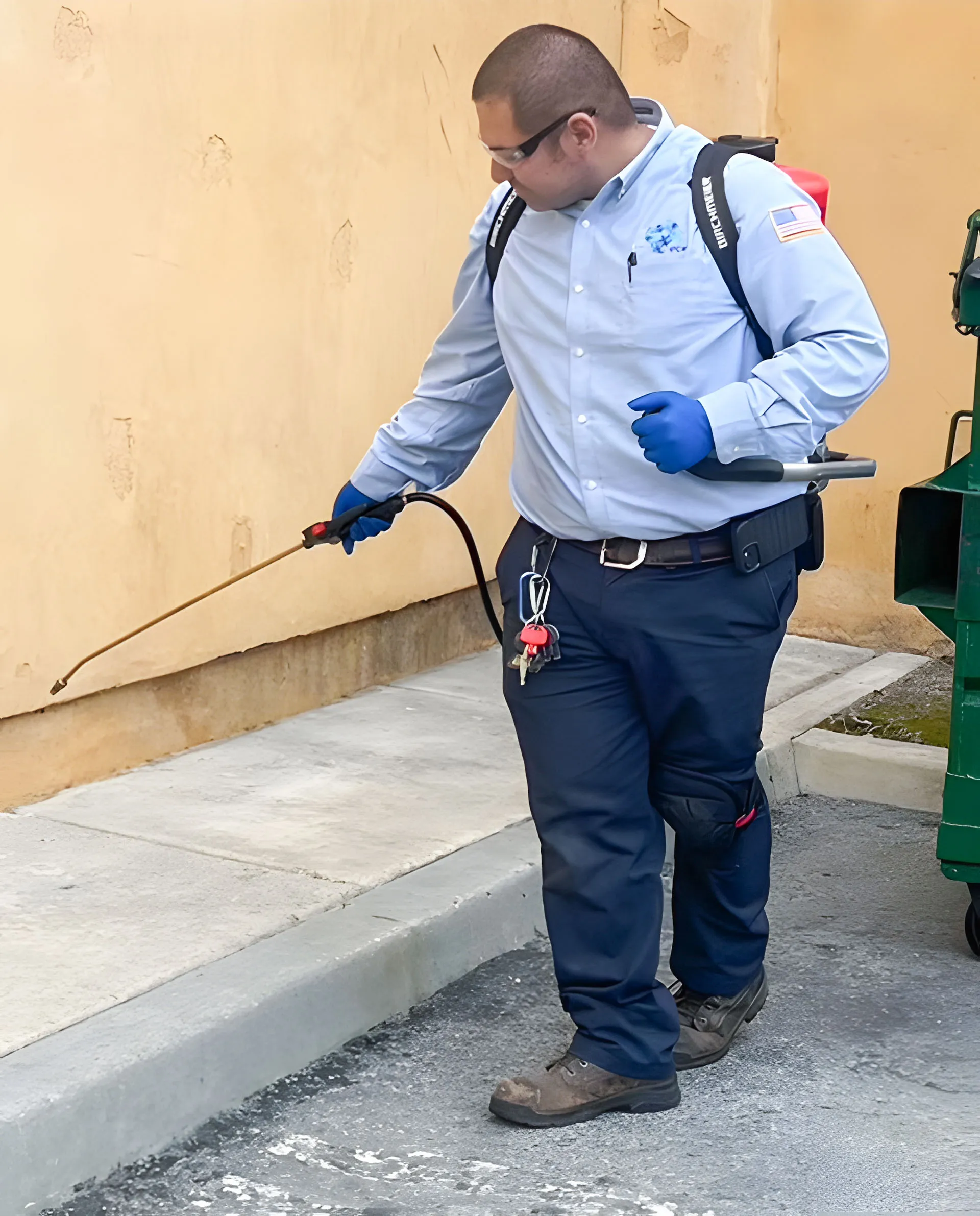 A professional pest control worker from Integrated Pest Control Management Inc. in Ontario uses a spray wand to treat the perimeter of a building, wearing protective gloves, goggles, and uniform.