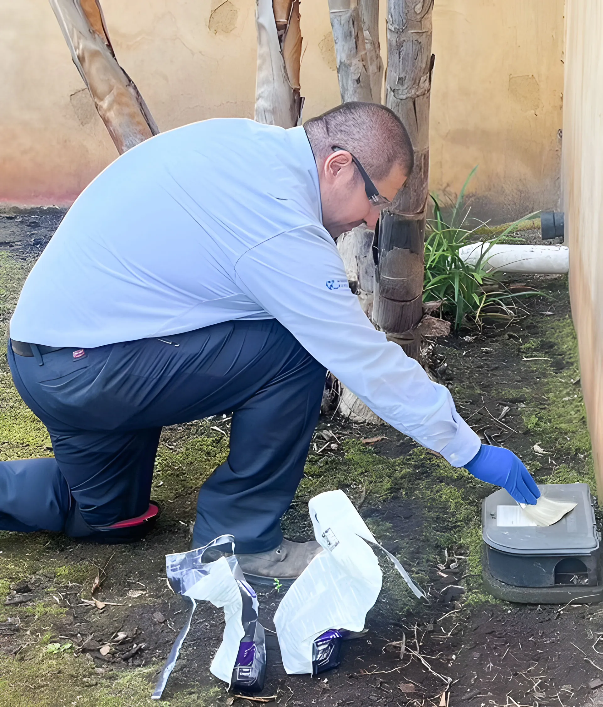 A pest control professional from Integrated Pest Control Management Inc. in Ontario kneels outdoors, wearing gloves, handling equipment strategically placed on the ground.