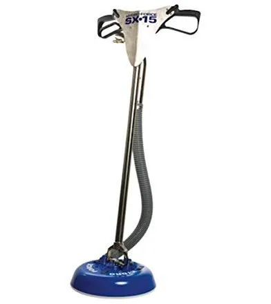 An image of a professional carpet cleaning machine used by JC Carpet & Upholstery Cleaning, Inc. in Vacaville, showcasing a blue and silver design with a handle and hose attachment.
