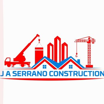 Logo of J A SERRANO CONSTRUCTION featuring construction equipment and building imagery in red and blue, symbolizing the company's expertise in Santa Rosa.