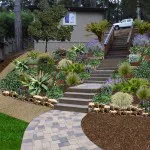 "A beautifully landscaped garden by Jerry Allison Landscaping, Inc. in Watsonville, featuring a winding stone path, diverse plants, and terraced sloping flower beds."