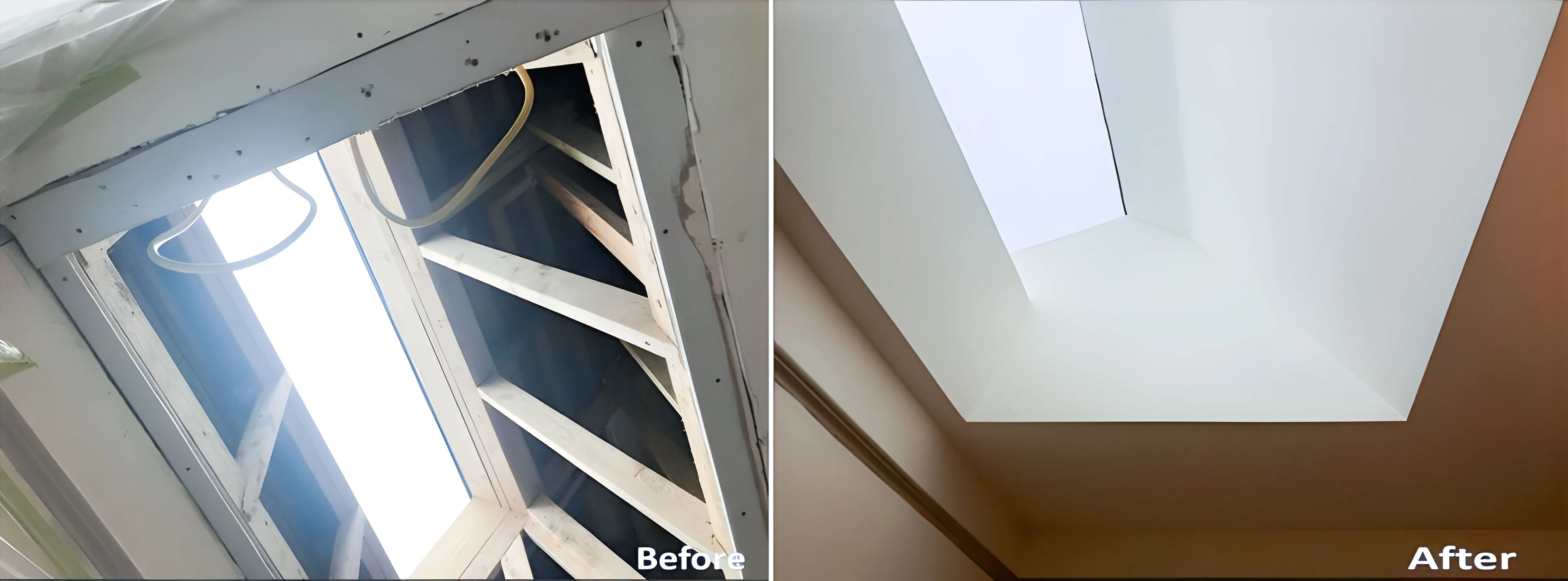 Before and after images of a skylight renovation by KITA Construction Group, LLC in Santa Clara, showing transformation from rough framework to a finished, sleek skylight.