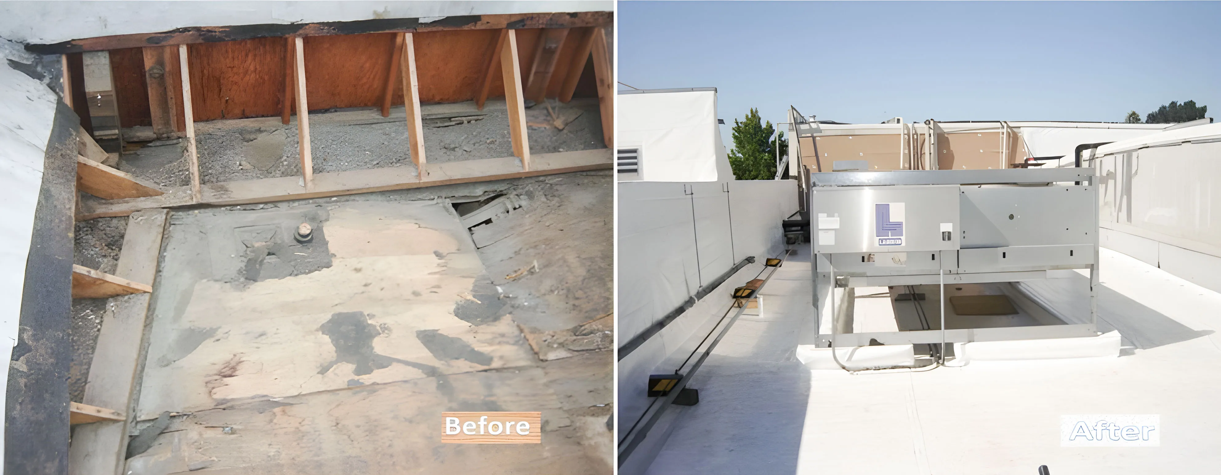 Two-panel image showing a before and after comparison of a roof. The left panel depicts a damaged and deteriorated roof with exposed wood and debris. The right panel shows a completed, clean, and repaired roof with new construction and equipment installed.
