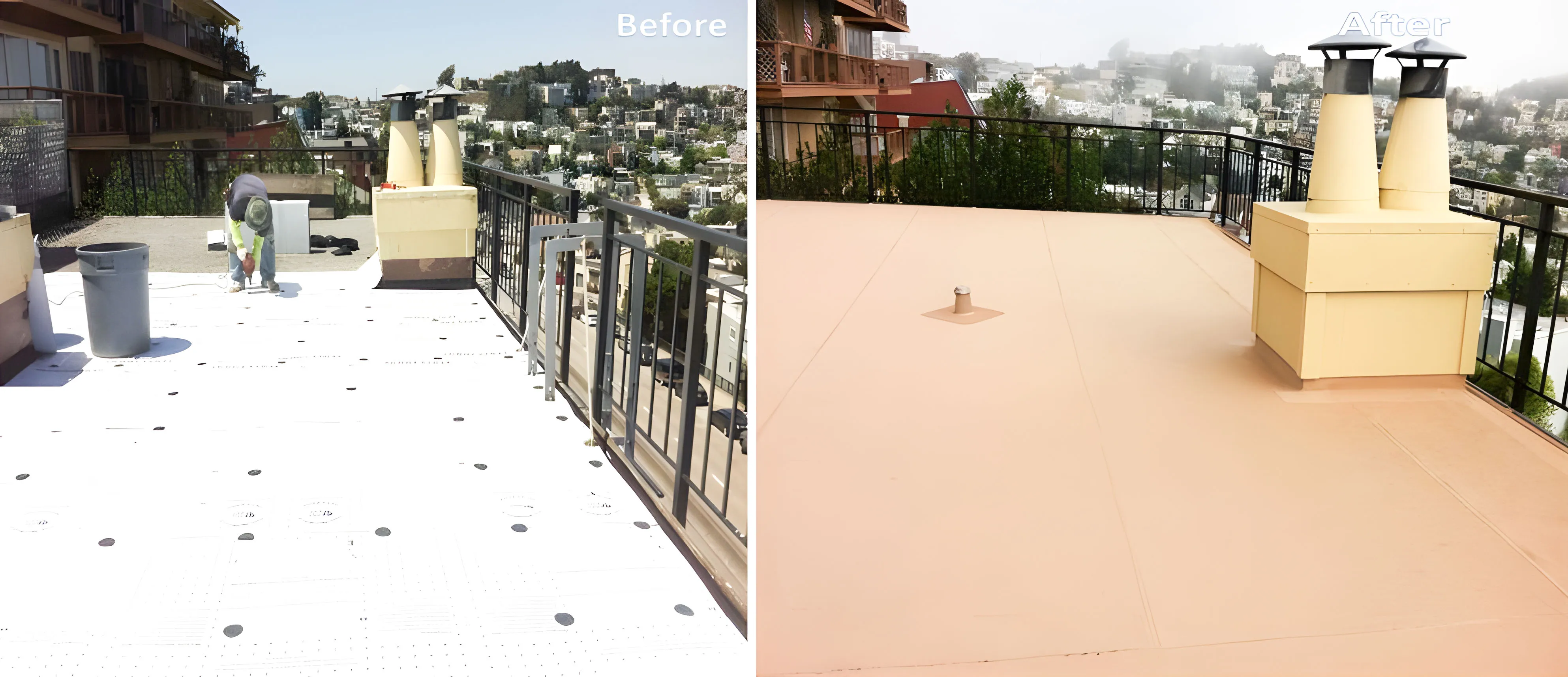 Before and after images of a rooftop renovation by KITA Construction Group, LLC. The "before" side shows a roof under construction, while the "after" side displays a finished, clean, and resurfaced rooftop with chimneys against a cityscape.