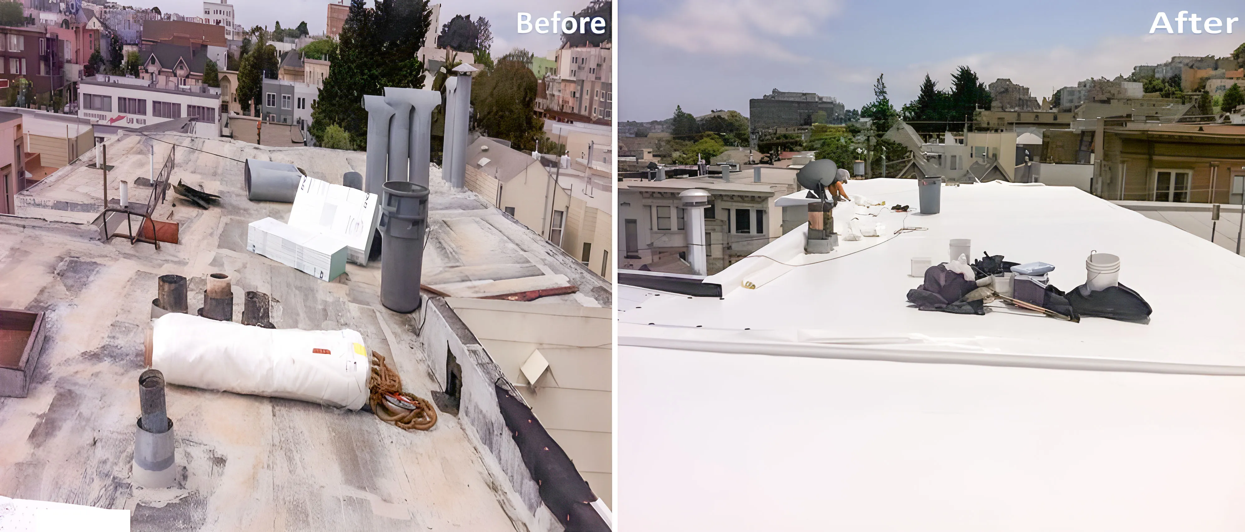 Before and after photos of a rooftop renovation by KITA Construction Group, LLC in Santa Clara. The left image shows a worn, cluttered roof, while the right image displays a clean, newly renovated roof.