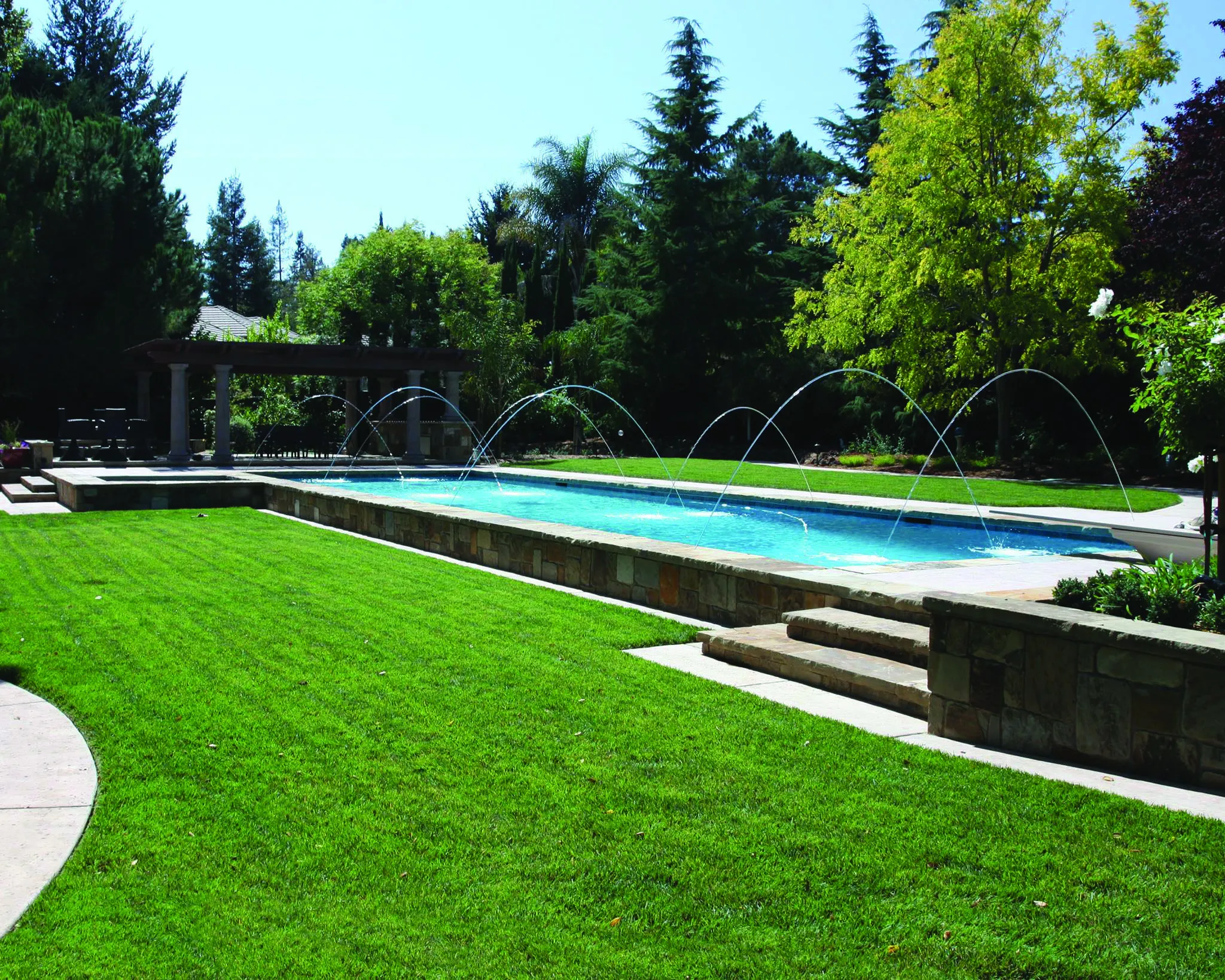 "Elegant swimming pool with water features and lush green lawn, designed by Koch & Associates, Inc. in Fremont."