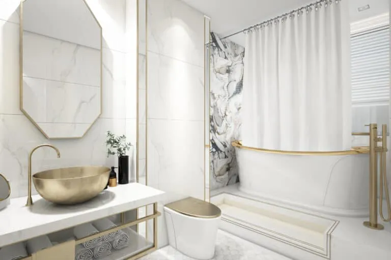 Luxurious bathroom featuring a marble tub, gold fixtures, and a stylish sink, created by LW Construction & Handyman Services in American Canyon.
