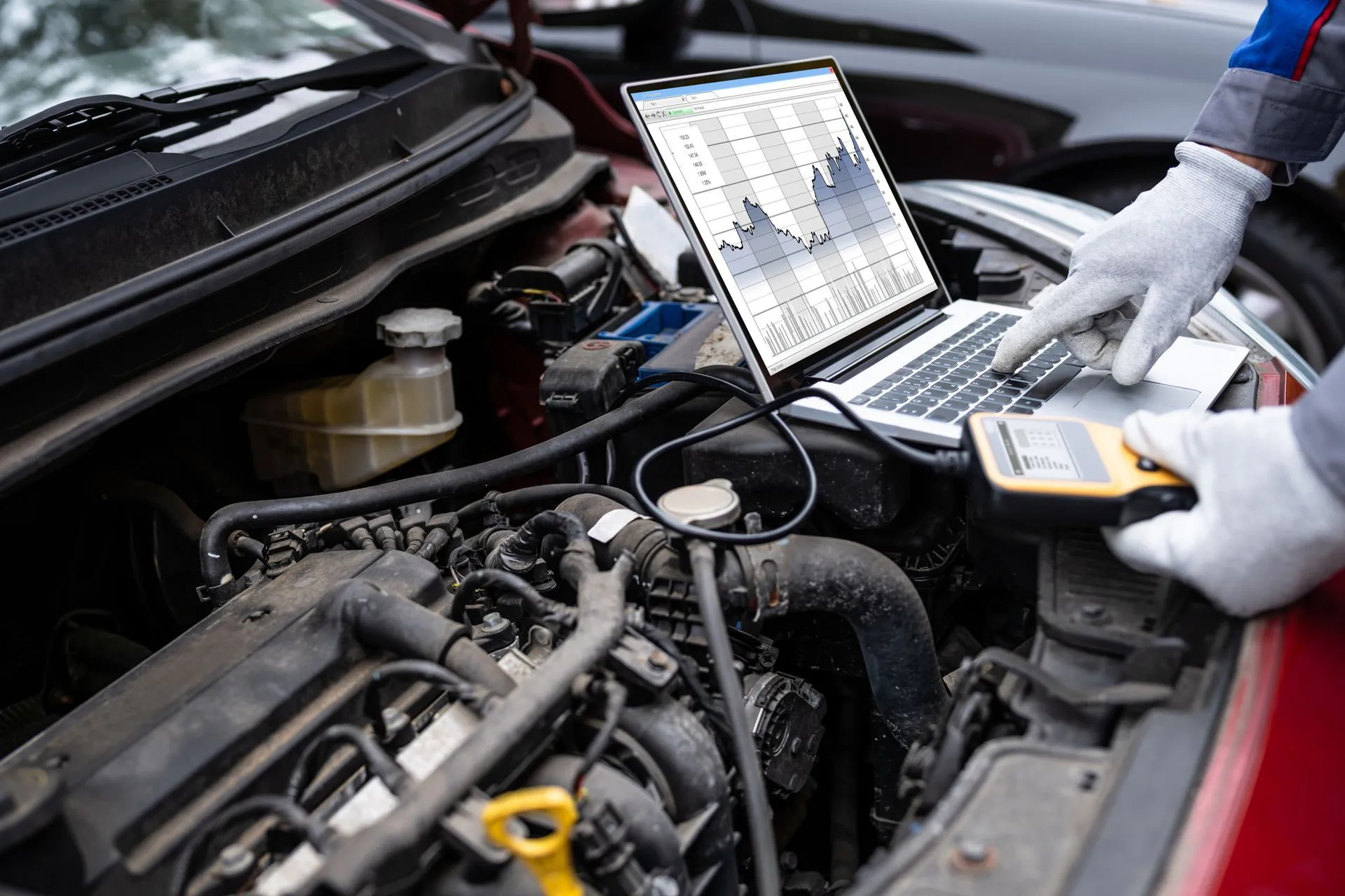 A person using a diagnostic scanner and a laptop to analyze automotive data under the hood of a car at Letcher Brothers Auto Repair in Pinole.