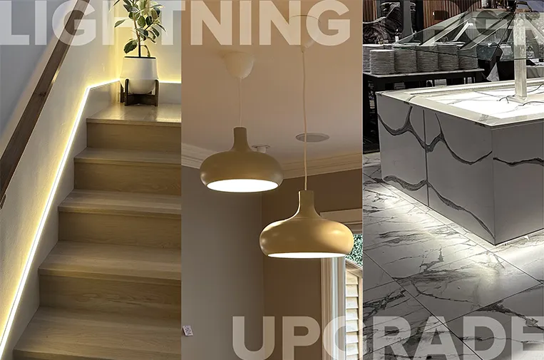 A collage image showing stair lighting, pendant lights, and illuminated countertops, demonstrating lighting upgrades by Max Electric LLC in San Rafael.
