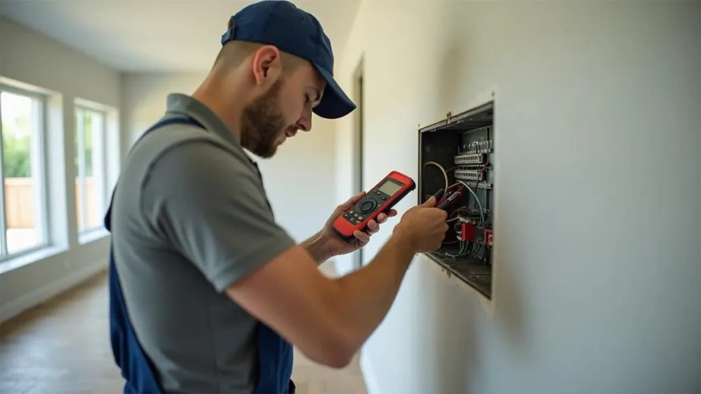 Electrician from Max Electric LLC using a multimeter to check an electrical panel in San Rafael.