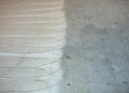 A photograph showing a stark contrast between a clean, patterned section of carpet and a dirty section, illustrating the effectiveness of Maximum Carpet Cleaning in Pleasant Hill.