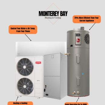 Image of Monterey Bay Heating and Cooling equipment, featuring a heating and cooling unit and a water heater, highlighting efficiency and smart control features.