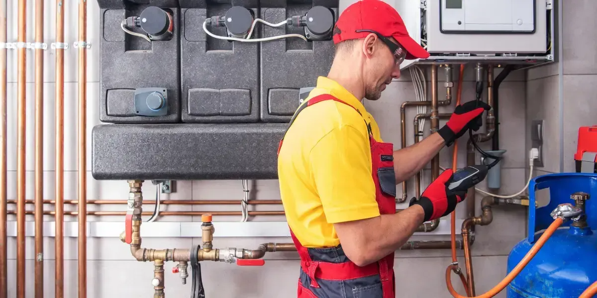 A technician from Monterey Bay Heating and Cooling in Gonzales uses diagnostic equipment to inspect HVAC systems, surrounded by copper pipes and a gas cylinder.