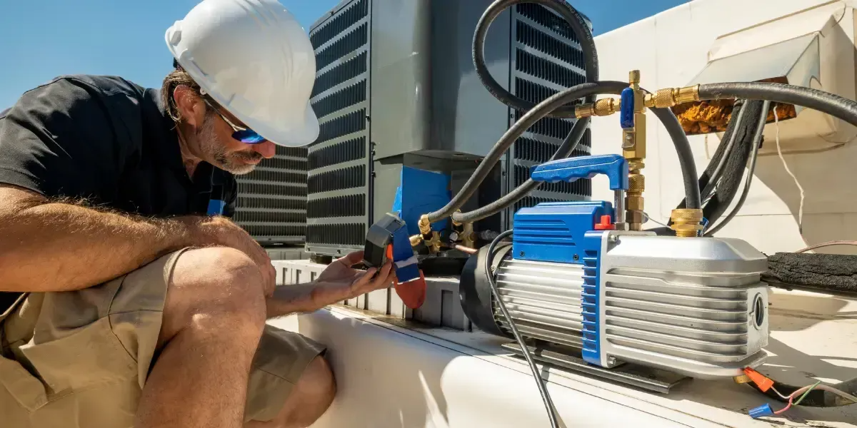A technician from Monterey Bay Heating and Cooling in Gonzales is working on an HVAC system, showing detailed attention with tools and gauges.