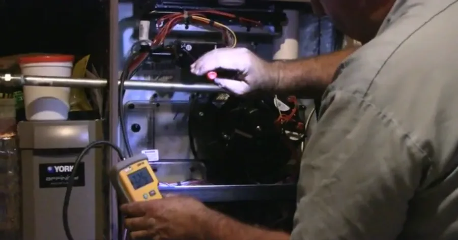 Technician from Moore Mechanical Heating & Air Conditioning in Dublin using a diagnostic tool to examine a furnace.