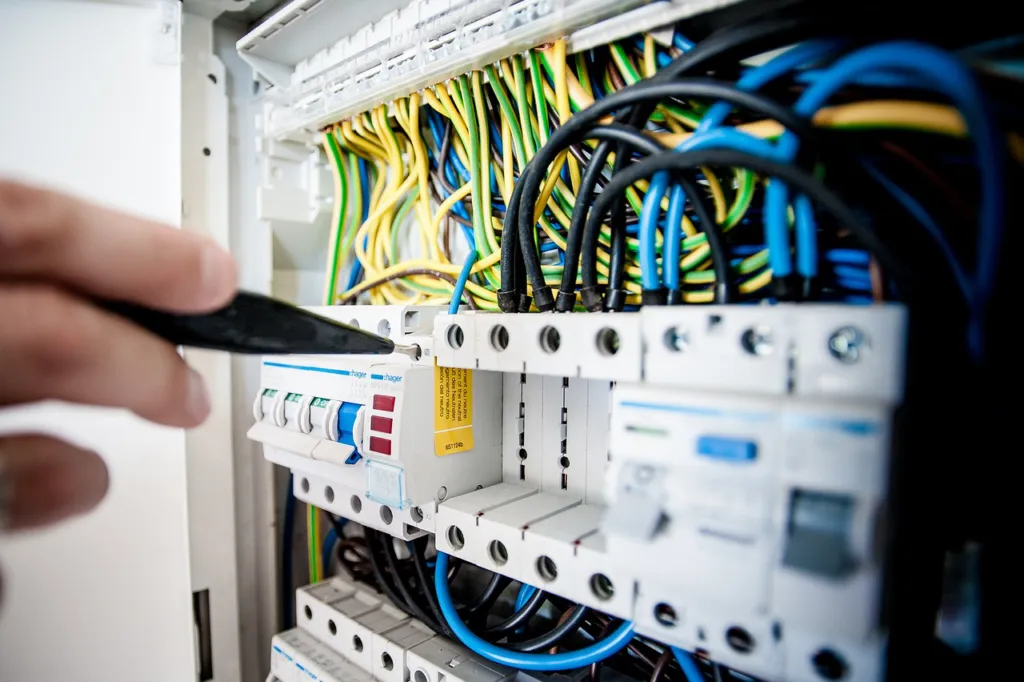 A close-up of an electrical panel with various cables and switches being adjusted by a person using a tool.