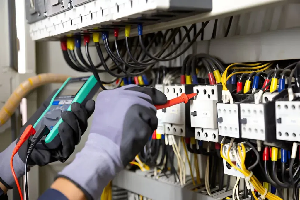 An electrician using a multimeter on an electrical panel, showcasing the skilled services of Mr. Prime Electrical in Burlingame.