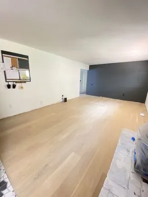 A minimalist living room with newly installed light hardwood flooring by Navarro Flooring in Rohnert Park, featuring a black accent wall and white walls.