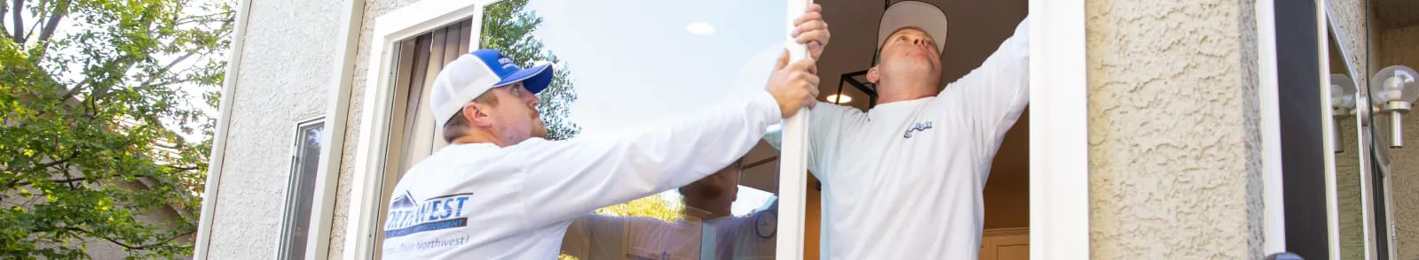 Two workers from Northwest Exteriors installing a large window in a house in Santa Rosa, showcasing careful and precise work.