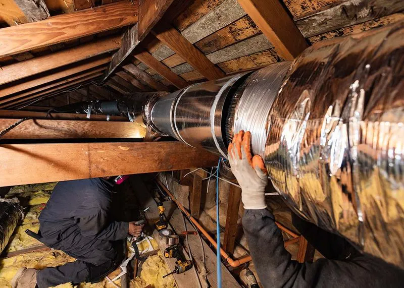 Technicians from Ortiz Heating and Air Conditioning work on duct installation in a Burlingame attic.