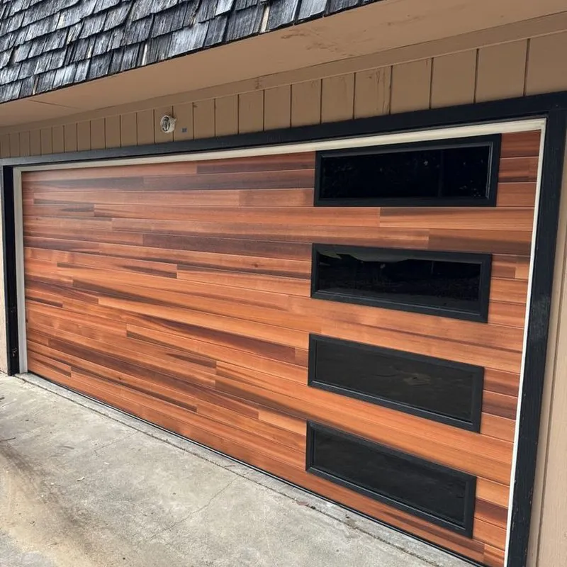 Wooden garage door with horizontal panels and rectangular windows, installed by Palms Garage Doors in San Jose.