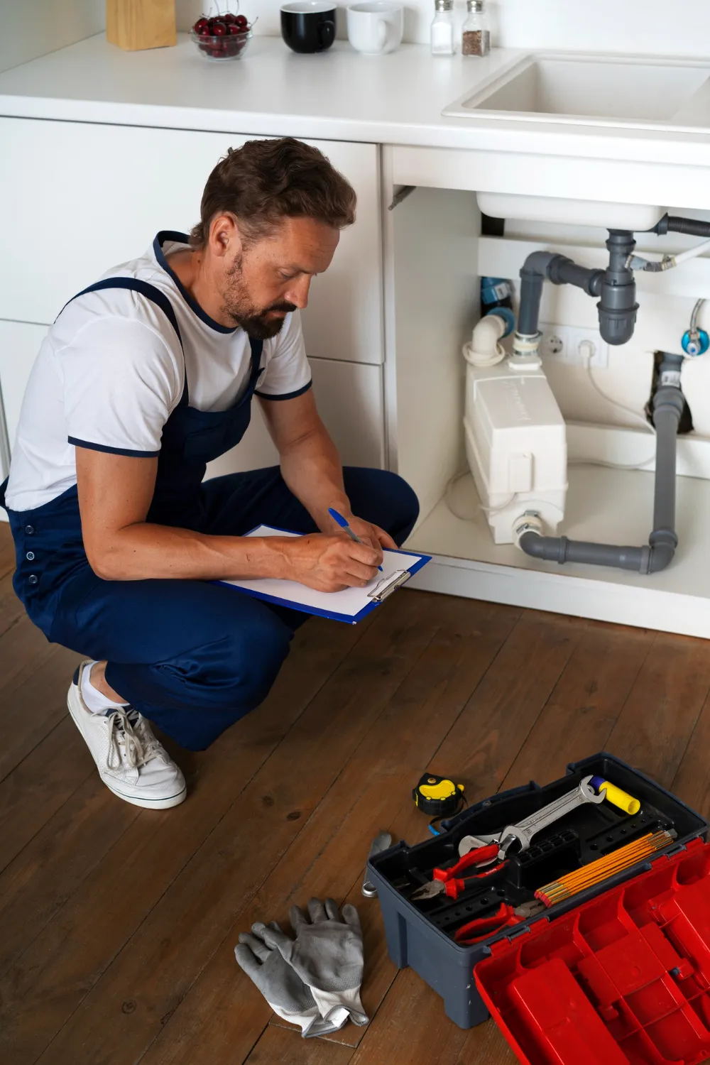 "A technician from Paso Robles Plumbing, Heating, and Air kneeling by a sink, writing on a clipboard with tools spread on the floor."