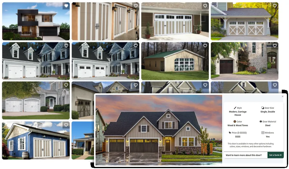 A collage of various houses with different garage door styles, featuring a highlighted image of a house with a modern carriage house garage door.