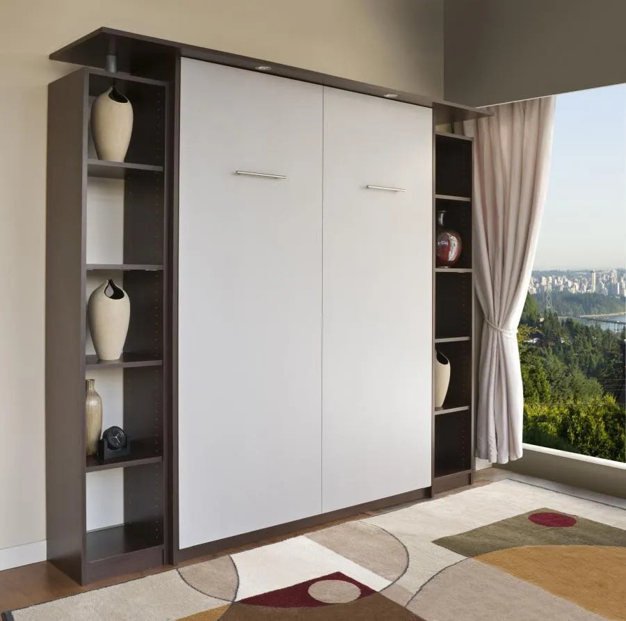 Elegant wall unit with shelving and concealed storage in a modern room with a large window view, designed by PremierGarage in San Mateo.