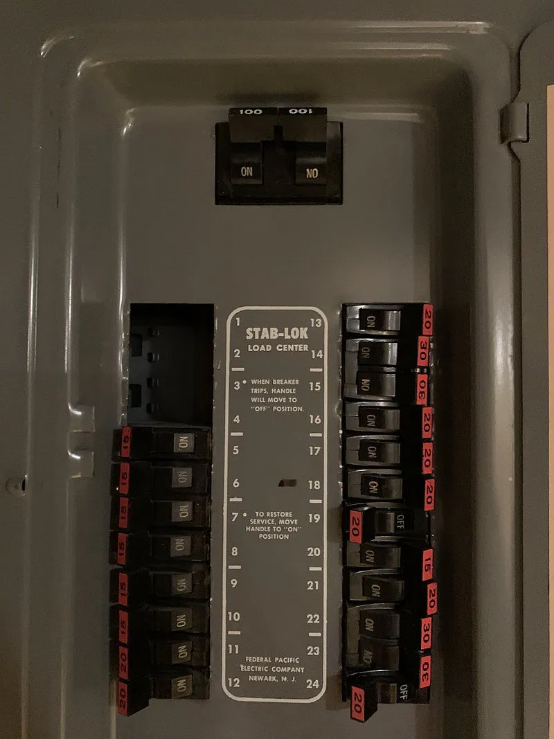 An electrical breaker panel with several switches labeled "Stab-Lok Load Center" inside a metal box.