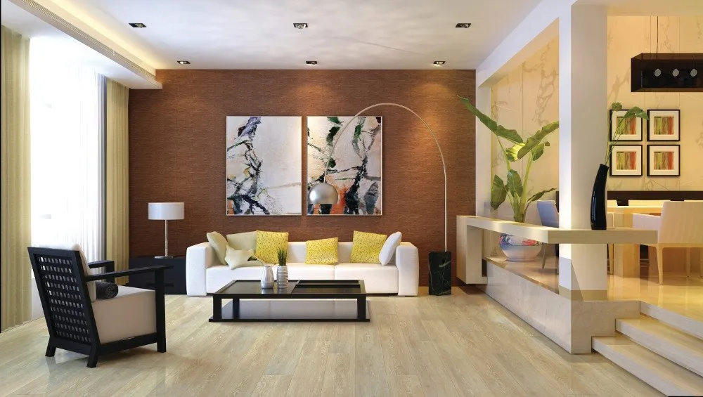 A modern living room with wood flooring, white couch, yellow cushions, a coffee table, and abstract artwork on the wall, exemplifying elegance and comfort.