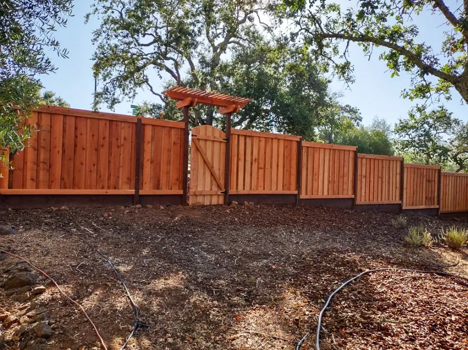 A well-constructed wooden fence with a gate, surrounded by trees, built by Redwood Residential Fence Company in Santa Rosa.